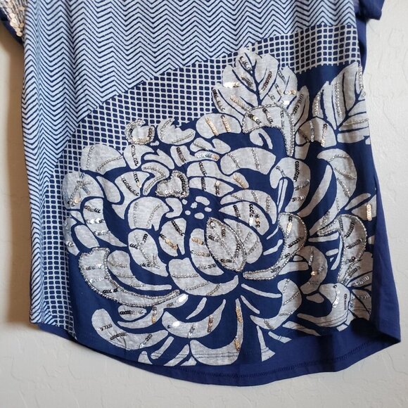 Chico's Eastern Splice Hollis High-Low Tee Blue Size Small Artsy Beaded Sequins - Picture 4 of 8